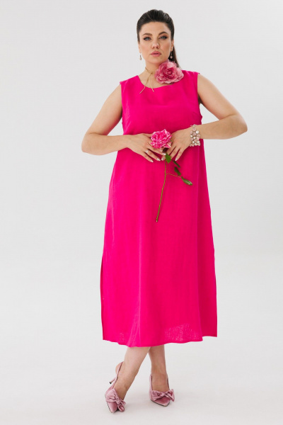 Льняной сарафан трапеция с V-вырезом и разрезами Anelli 1472 малиновый_щербет - фото 8