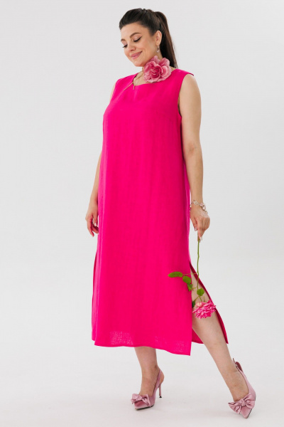 Льняной сарафан трапеция с V-вырезом и разрезами Anelli 1472 малиновый_щербет - фото 6