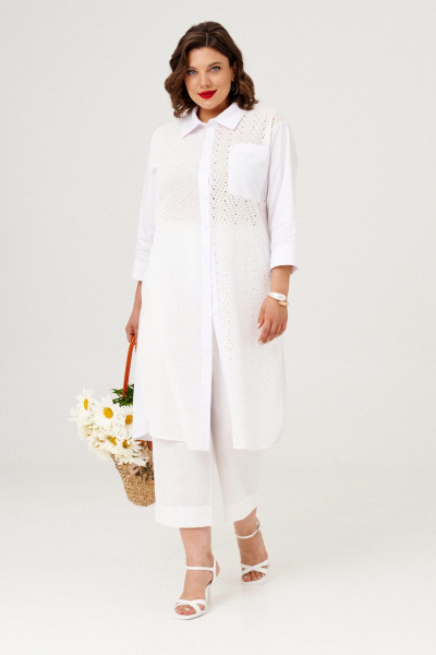 Белый летний комплект из платье-рубашки и свободных брюк Almirastyle 372 - фото 2