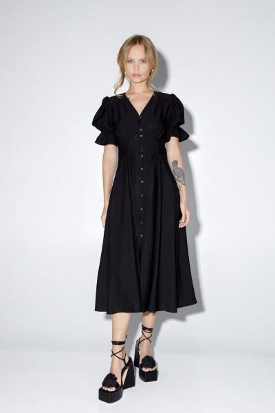 Миди-платье из вискозы с кокетками и короткими рукавами PiRS 5150 черный - фото 3