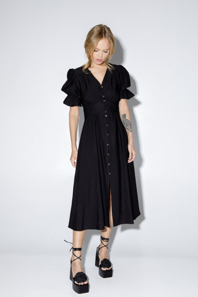 Миди-платье из вискозы с кокетками и короткими рукавами PiRS 5150 черный - фото 1