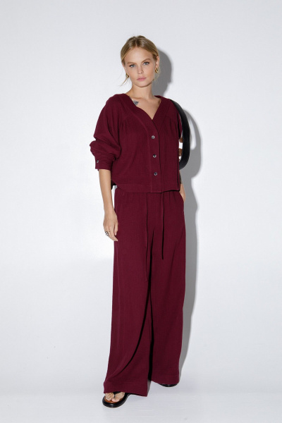 Хлопковый костюм-двойка из свободной блузы и широких брюк PiRS 5158 марсала - фото 5