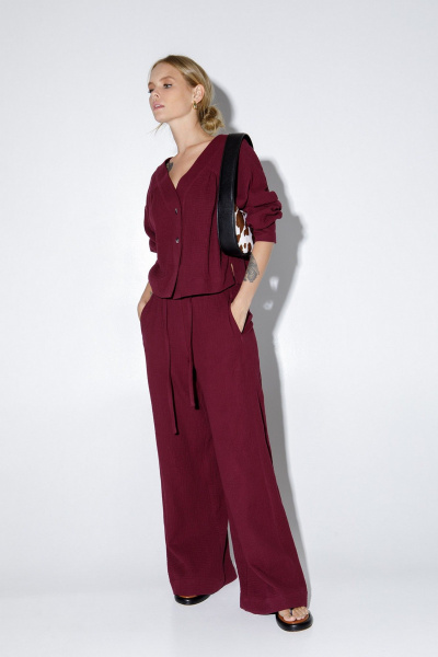 Хлопковый костюм-двойка из свободной блузы и широких брюк PiRS 5158 марсала - фото 2
