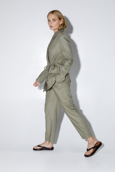 Льняной костюм-двойка с жакетом и брюками свободного кроя PiRS 5160 хаки - фото 3