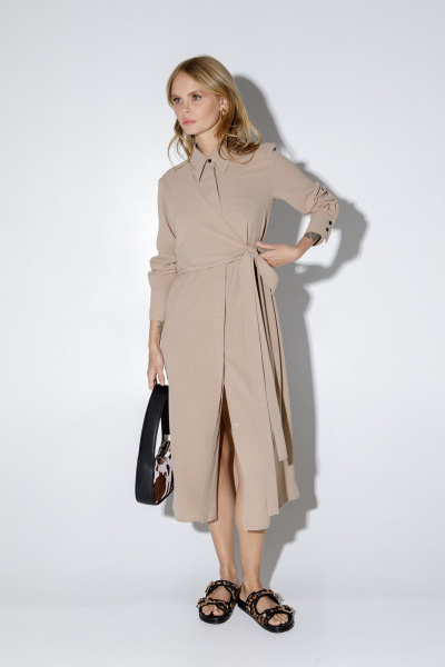Ассиметричное платье-рубашка из текстиля PiRS 5164 бежевый - фото 1