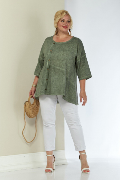 труника льняная с длинным рукавом и свободным силуэтом Shetti 4063 олива - фото 8