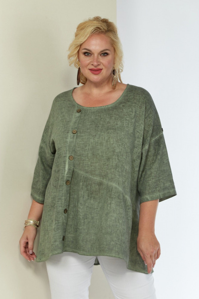труника льняная с длинным рукавом и свободным силуэтом Shetti 4063 олива - фото 6