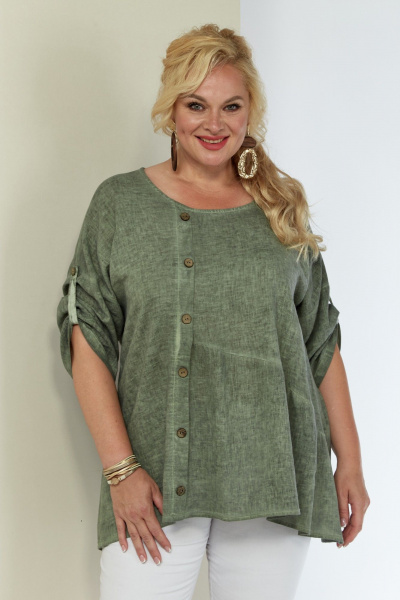 труника льняная с длинным рукавом и свободным силуэтом Shetti 4063 олива - фото 5