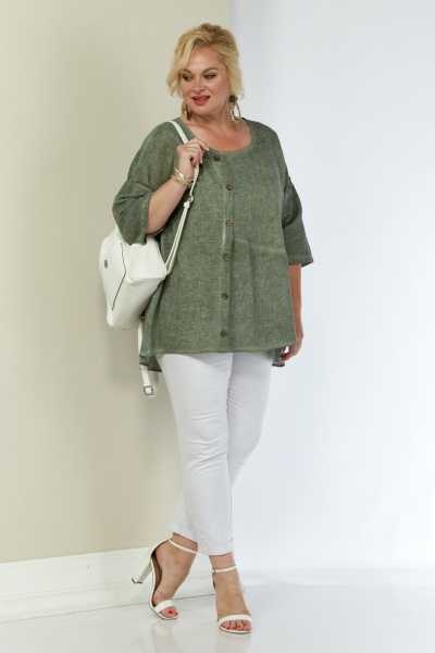 труника льняная с длинным рукавом и свободным силуэтом Shetti 4063 олива - фото 3