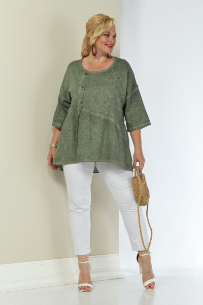 труника льняная с длинным рукавом и свободным силуэтом Shetti 4063 олива - фото 2