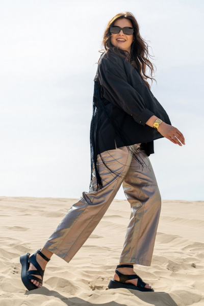 Летние из хлопка брюки прямого покроя с поясом и карманами Andina 238 джинс  серебро-антик - фото 13