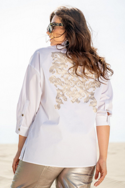 Летний костюм: блузка из хлопка и брюки с резинкой Andina 957 белый_серебро-антик+джинс_серебро-антик - фото 9
