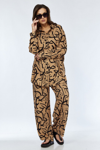 Костюм из вискозы прямой крой с поясами для повседневной носки Luna 173 горчица-черный - фото 6