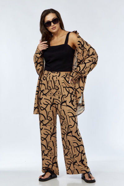 Костюм из вискозы прямой крой с поясами для повседневной носки Luna 173 горчица-черный - фото 2