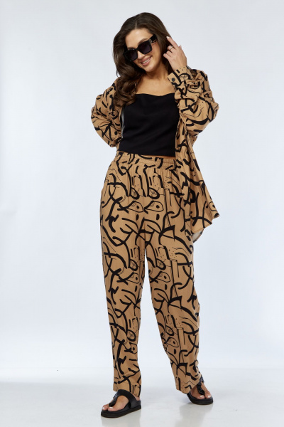 Костюм из вискозы прямой крой с поясами для повседневной носки Luna 173 горчица-черный - фото 1