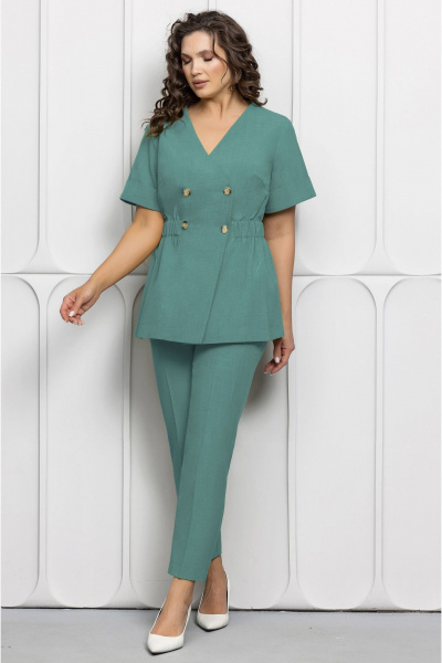 Дизайнерский брючный костюм с резинкой и скрытым поясом Gold Style 2614 изумрудный - фото 2