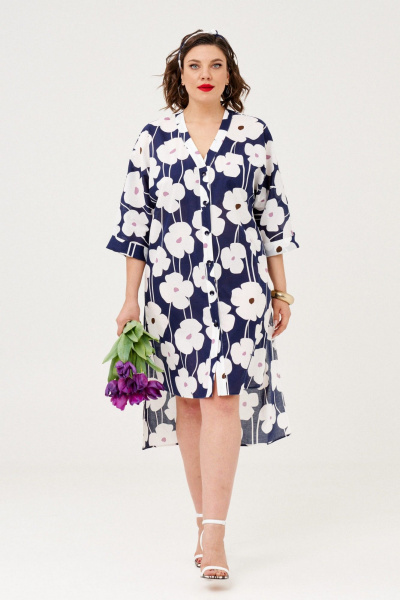 Платье рубашка летнее с разрезами и высокой посадкой Almirastyle 359 синий-белый - фото 3
