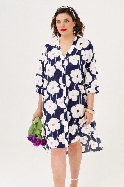 Платье рубашка летнее с разрезами и высокой посадкой Almirastyle 359 синий-белый - фото 2