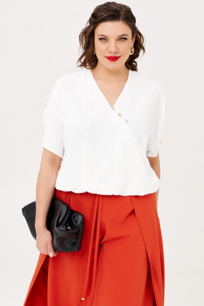 Блуза и брюки из вискозы и текстиля с запахом и резинкой летний комплект Almirastyle 361 коралл,белый - фото 4