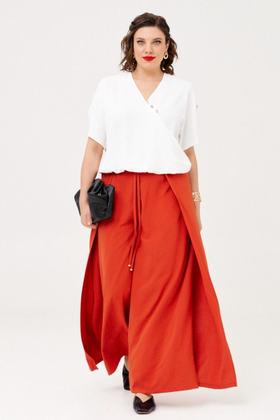 Блуза и брюки из вискозы и текстиля с запахом и резинкой летний комплект Almirastyle 361 коралл,белый - фото 2