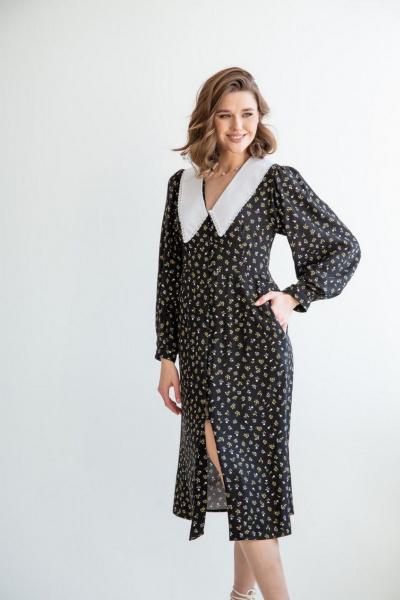 Черное платье с пуговицами и воротничком из вискозы ERTANNO 2109 черный - фото 7