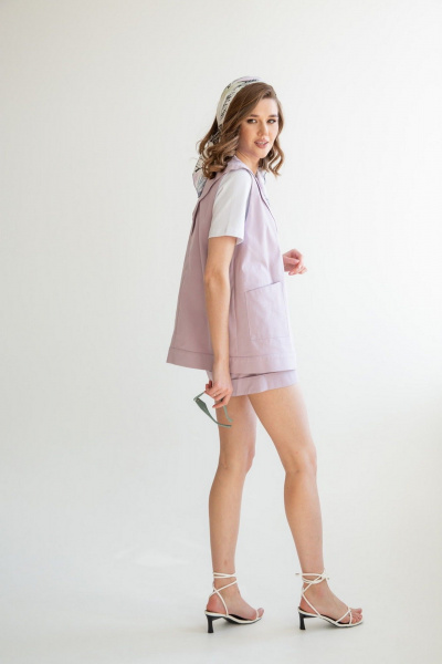 Фиолетовый хлопковый костюм шорты с жилетом на пуговицах ERTANNO 2120-лила лиловый - фото 3