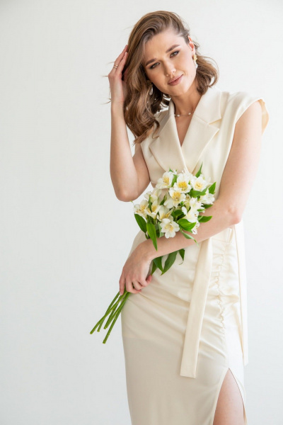 Элегантная молочная миди-юбка с разрезом и сборкой ERTANNO 2300 топленое молоко - фото 3