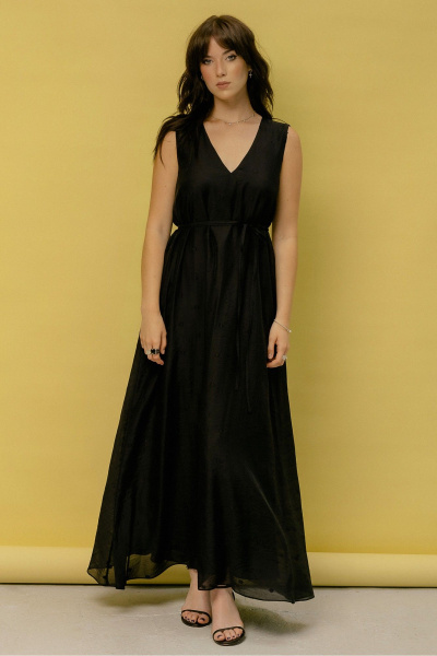 Платье трапеция из вискозы с карманами и V-вырезом JRSy 2472 черный_горох - фото 3