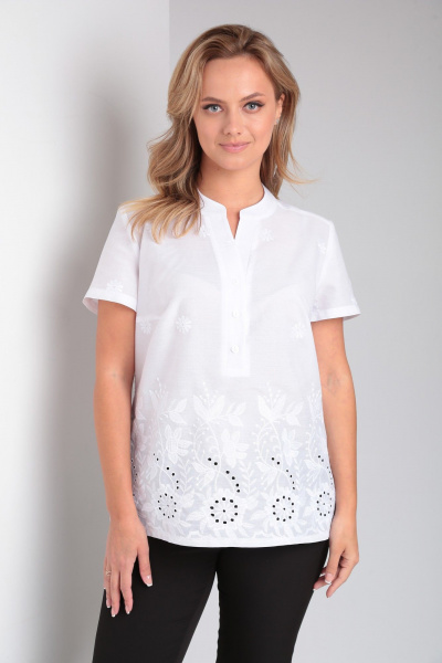 Белая стильная блузка с нагрудными вытачками и поясом Modema м.753 - фото 3