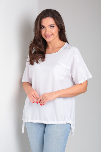 Белая блузка с накладным карманом и шнуром внизу Modema м.765/1 - фото 1