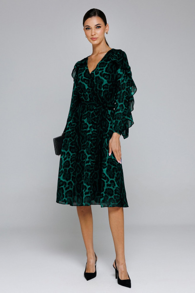 Платье шифоновое полуприлегающего силуэта с воланами Butеr 2863 изумруд - фото 2
