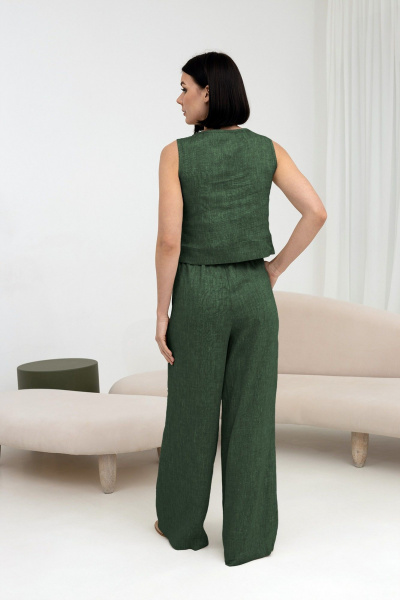 Брюки-палаццо из льна с высокой посадкой и вместительными карманами Romgil РТ0030-ЛЕ4 темно-зеленый - фото 2