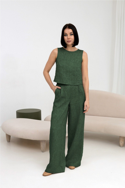 Брюки-палаццо из льна с высокой посадкой и вместительными карманами Romgil РТ0030-ЛЕ4 темно-зеленый - фото 1