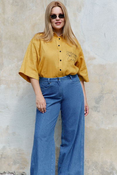 Рубашка льняная с вышивкой и коротким рукавом THÉA club 1003 охра - фото 14