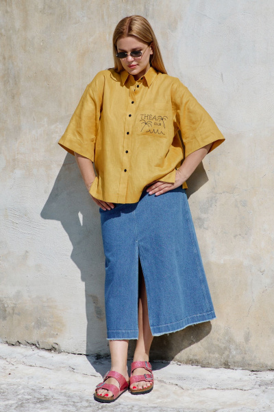 Рубашка льняная с вышивкой и коротким рукавом THÉA club 1003 охра - фото 13