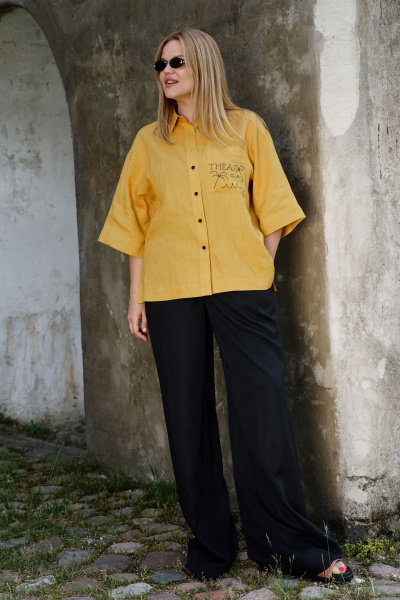 Рубашка льняная с вышивкой и коротким рукавом THÉA club 1003 охра - фото 9