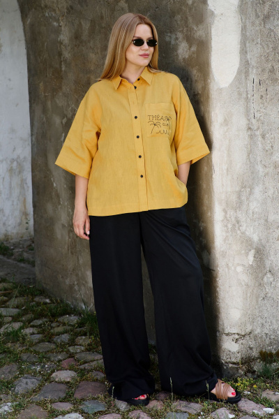 Рубашка льняная с вышивкой и коротким рукавом THÉA club 1003 охра - фото 8