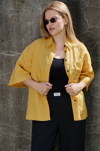 Рубашка льняная с вышивкой и коротким рукавом THÉA club 1003 охра - фото 1