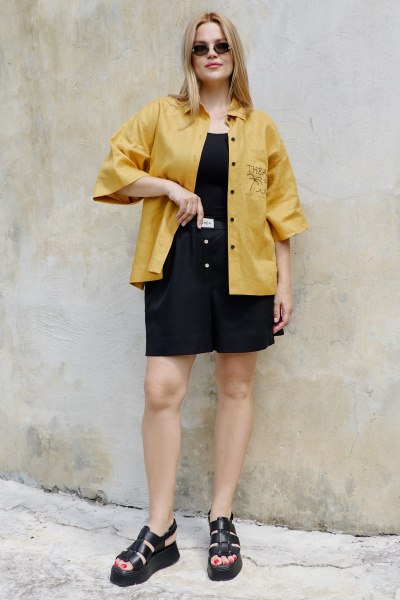 Рубашка льняная с вышивкой и коротким рукавом THÉA club 1003 охра - фото 7