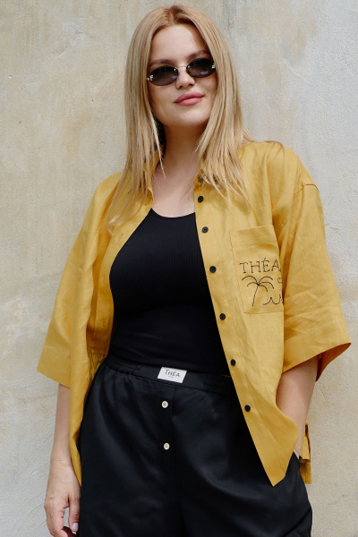 Рубашка льняная с вышивкой и коротким рукавом THÉA club 1003 охра - фото 2