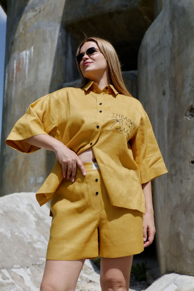 Рубашка льняная с вышивкой и коротким рукавом THÉA club 1003 охра - фото 4