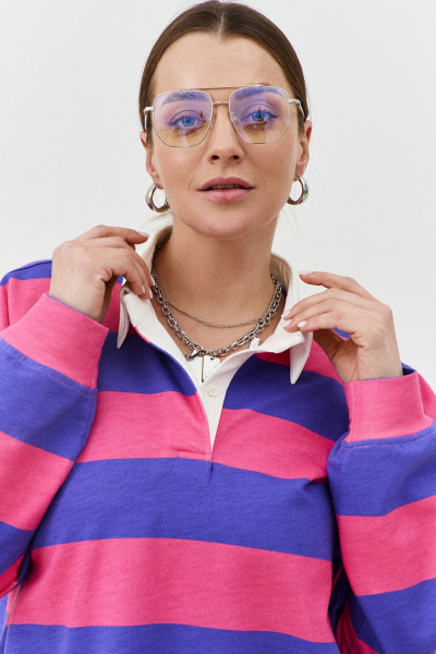 Регби-свитшот оверсайз с воротником поло из трикотажа THÉA club 2001 сиренево-розовая_полоска - фото 16