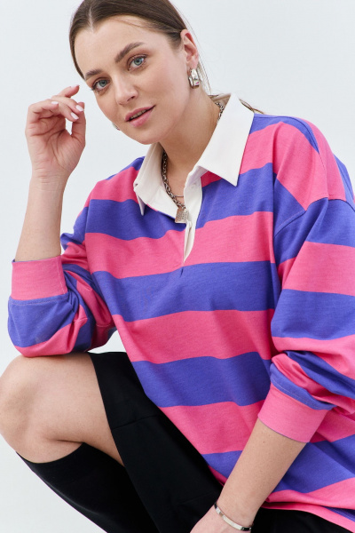 Регби-свитшот оверсайз с воротником поло из трикотажа THÉA club 2001 сиренево-розовая_полоска - фото 7