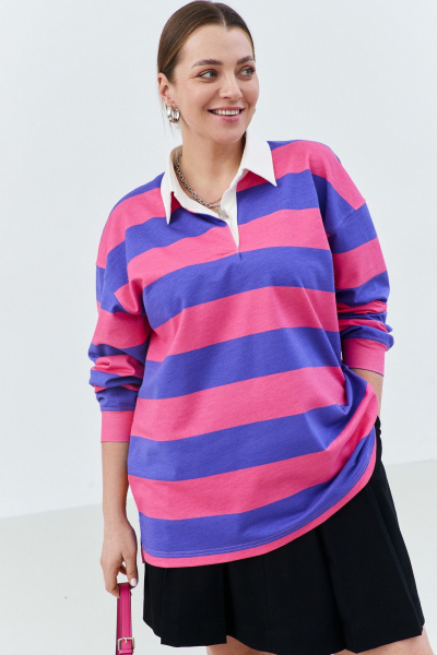 Регби-свитшот оверсайз с воротником поло из трикотажа THÉA club 2001 сиренево-розовая_полоска - фото 5