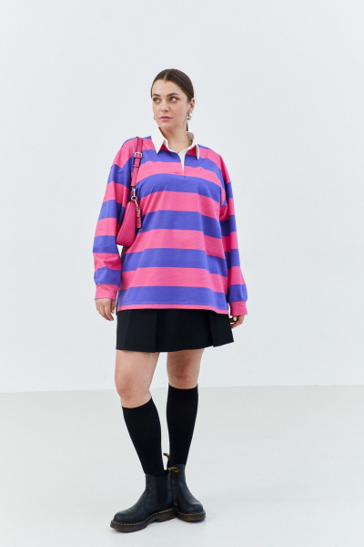 Регби-свитшот оверсайз с воротником поло из трикотажа THÉA club 2001 сиренево-розовая_полоска - фото 3