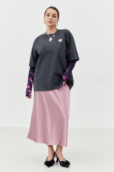 Длина удлиненной миди юбки из шелковистой ткани с эластичным поясом THÉA club 6002 пыльно-розовый - фото 3