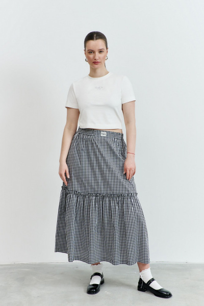Миди юбка а-силуэта из хлопковой ткани с воланом и карманами THÉA club 6003 черно-белая_клетка - фото 1