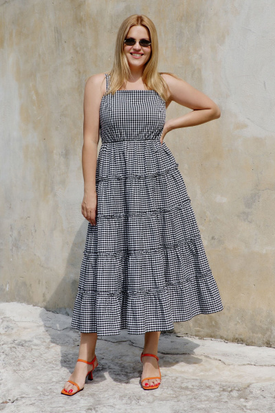 Миди сарафан с отрезным лифом и горизонтальными швами THÉA club 7002 черно-белая_клетка - фото 1