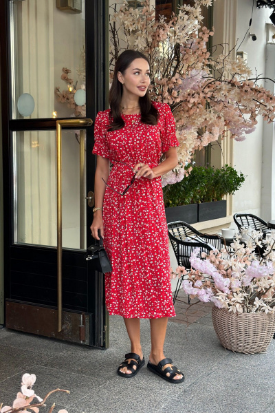 Платье миди с вырезом и рюшами из легкой ткани Skipper Design 4425-к красный - фото 2