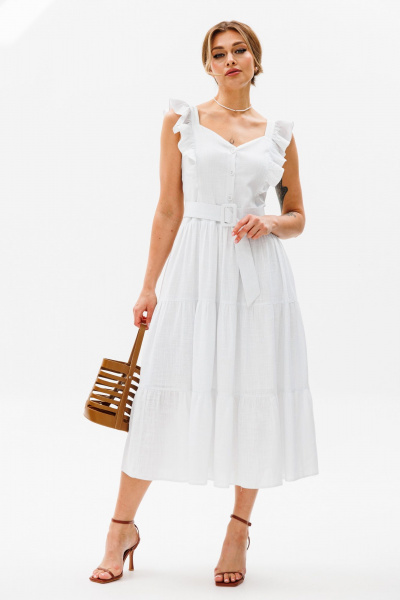 Летнее платье-сарафан из льна с рюшами и отрезной талией AVRIL 1012 белый - фото 1